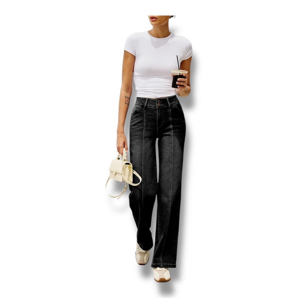 NEW Sidefeel Womens High Waisted Seamed Wide Leg Jeans Washed Black Size 10 - Picture 3 of 8